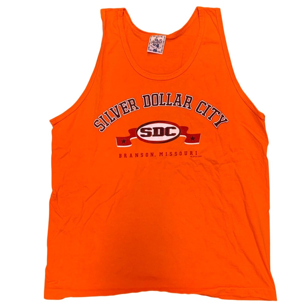 Vintage Silver Dollar City Tank Top Orange Branson Missouri 2001 Alore Mens L
